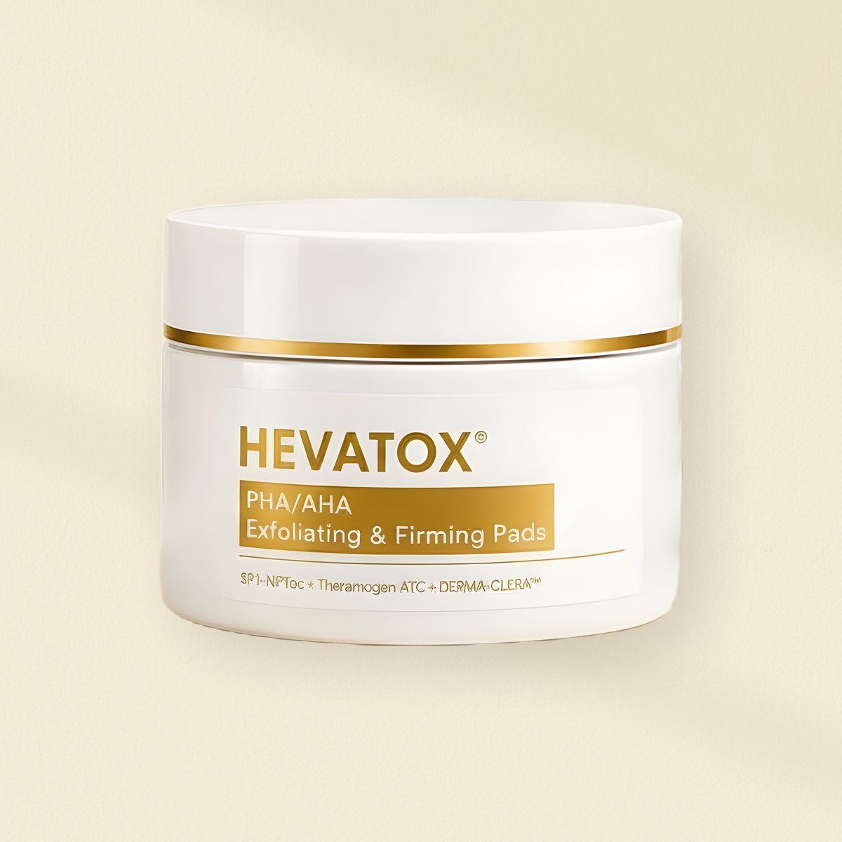 Peels and exfoliators: HEVATOX PHA/AHA Exfoliating and Firming Pads jar on a warm plaster wall