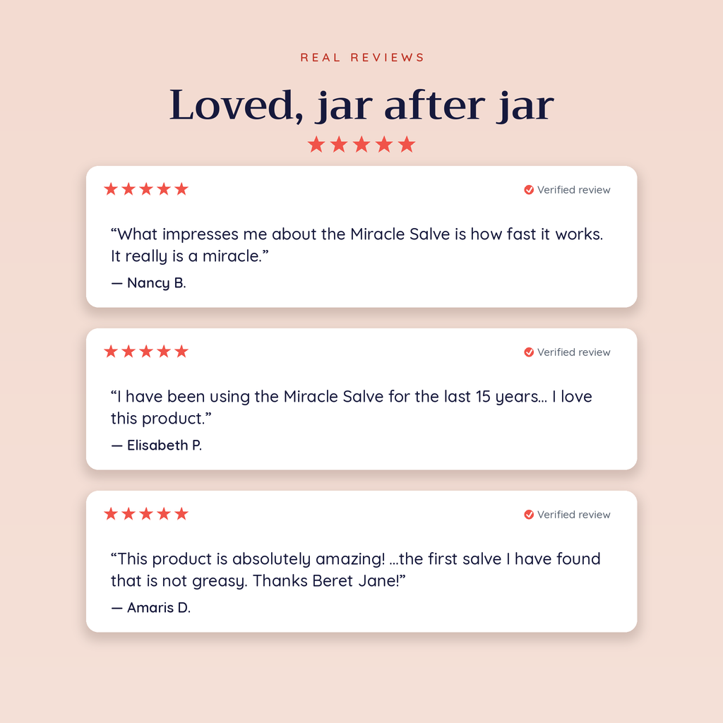 Five-star customer reviews for Beret Jane Miracle Salve