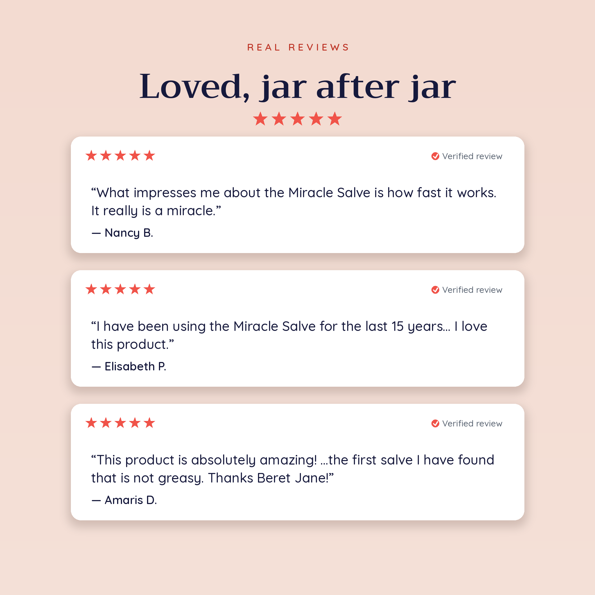 Five-star customer reviews for Beret Jane Miracle Salve
