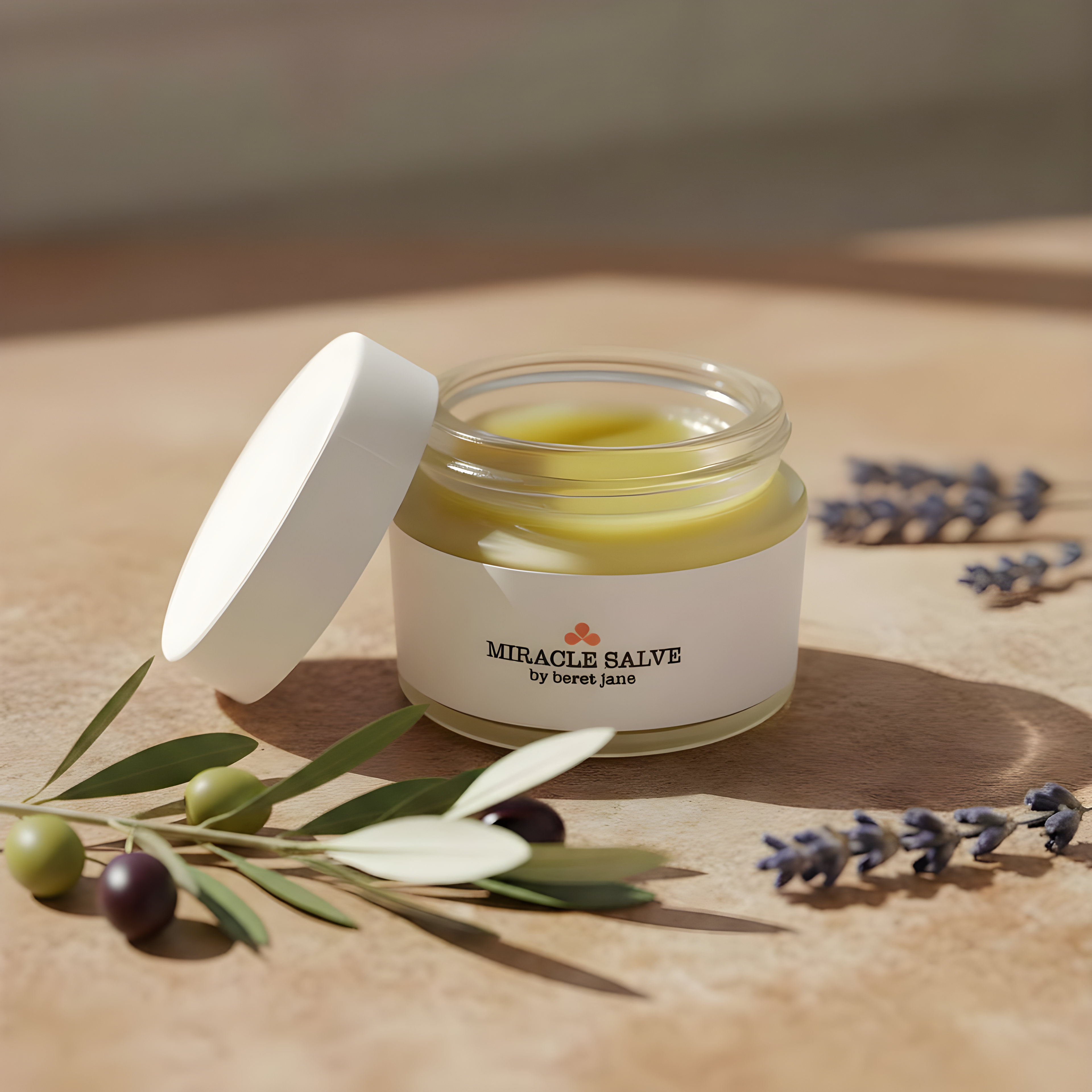 Miracle Salve regular jar, lid off - olive branch with olives and lavender